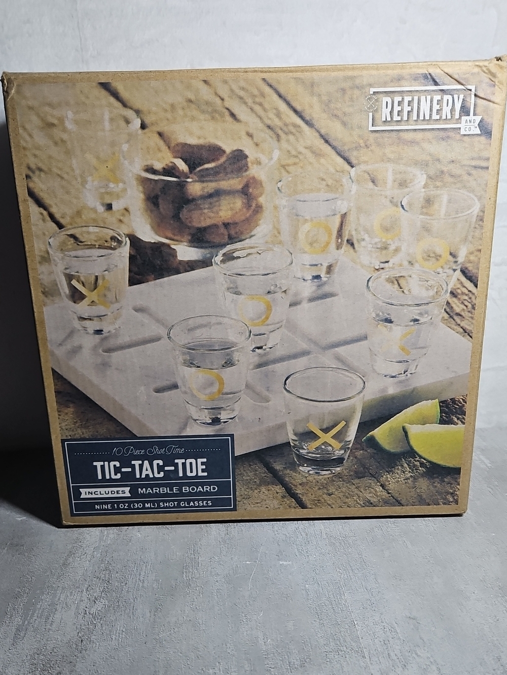 Refinery 10 Piece Shot Time Tic-Tac-Toe Game with Marble Board.